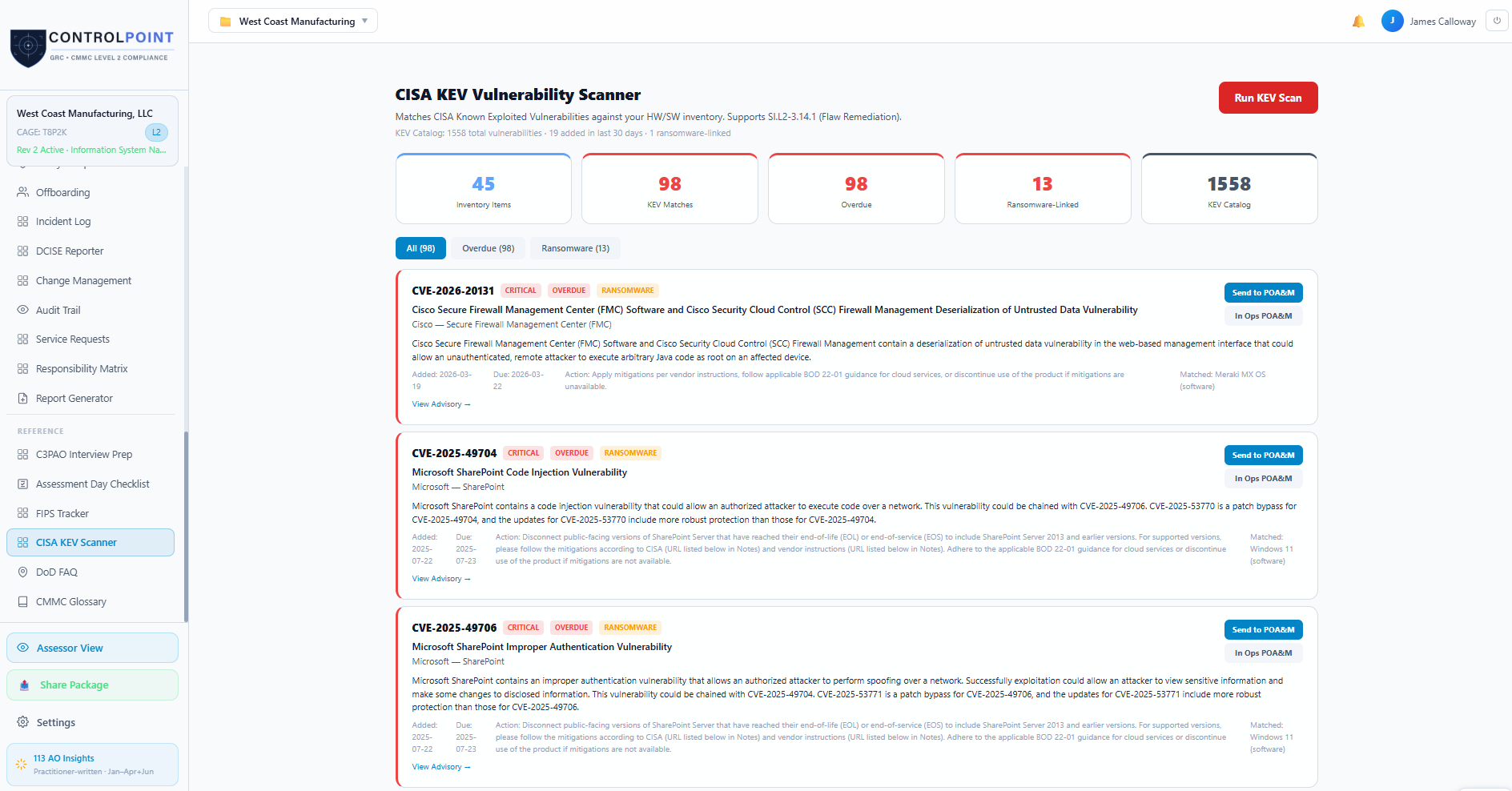 ControlPoint GRC CISA KEV Vulnerability Scanner with CVE details, severity badges, and one-click POA&M creation